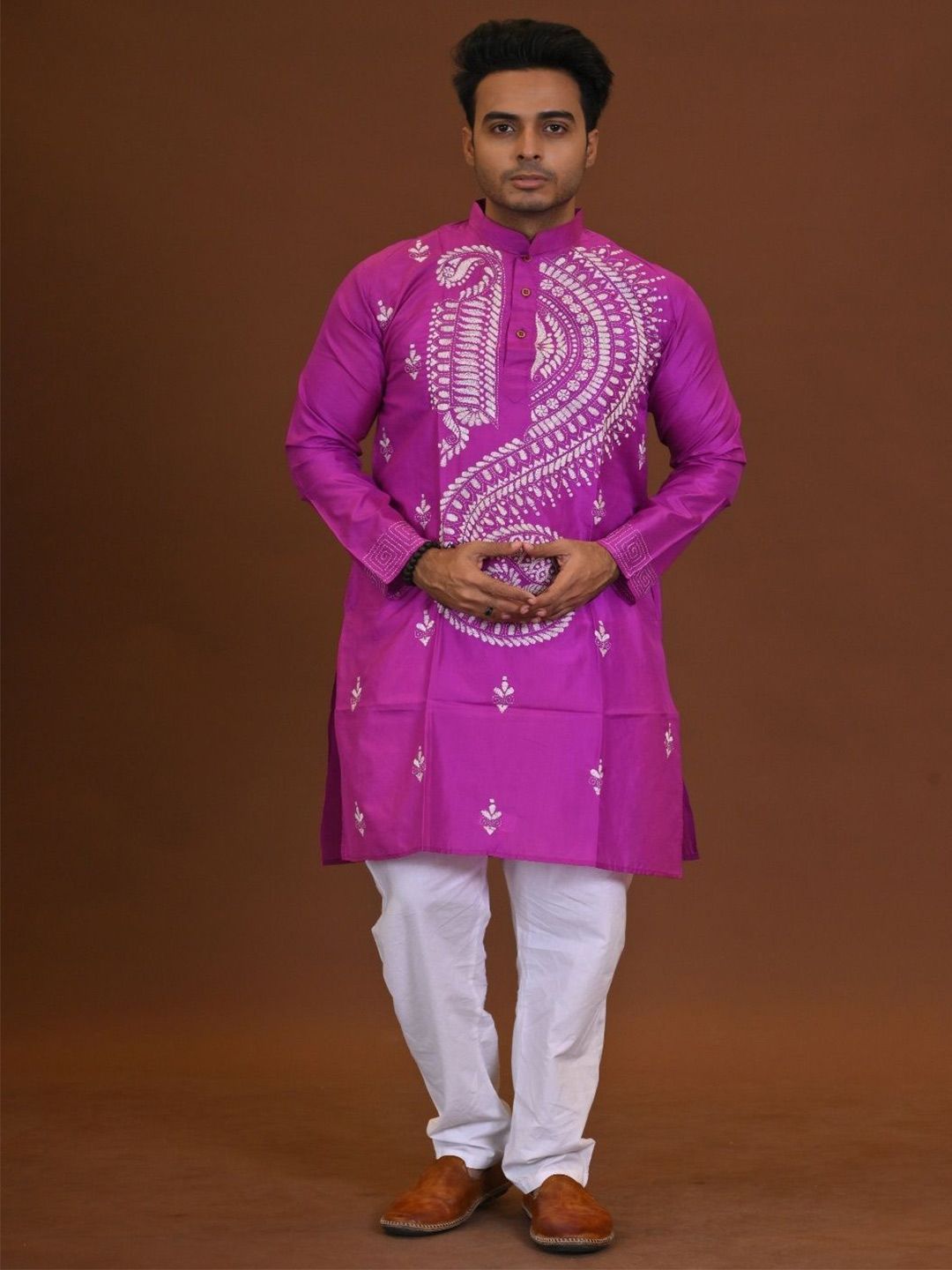 RAM SHYAM collection Men Woven Design Kantha Work Long Sleeves Kurta-image-3