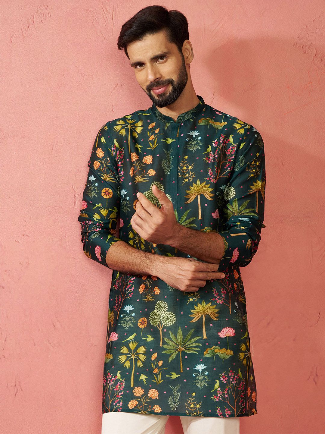 VASTRAMAY Floral Printed Thread Work Cotton Silk Mandarin Collar Straight Kurta-image-29