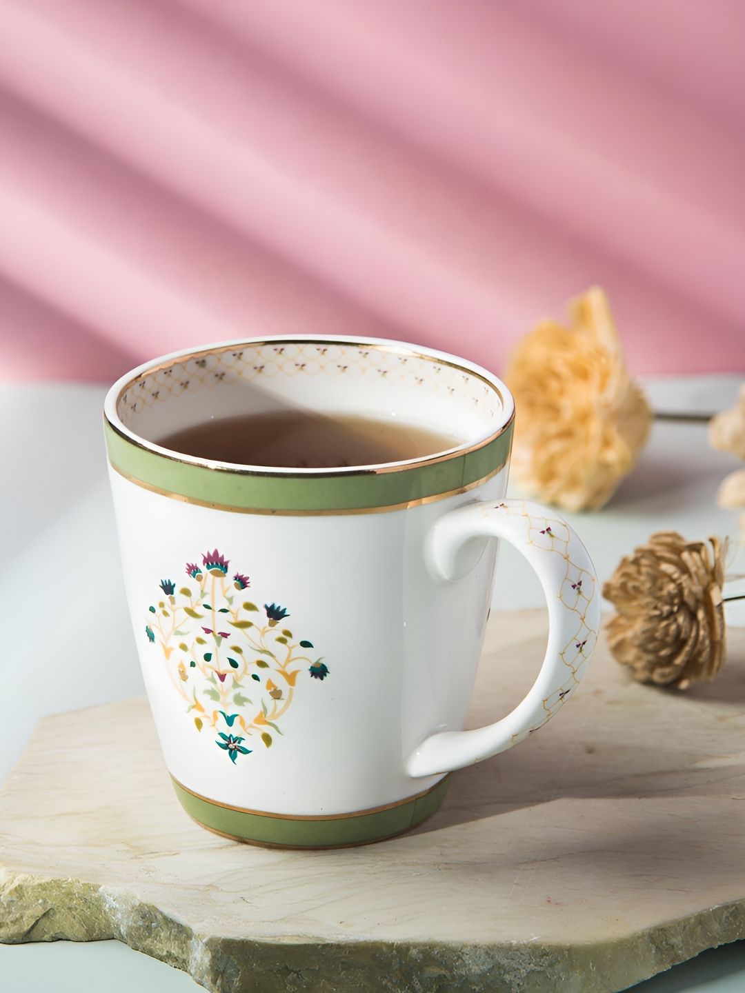 Fabindia Suvarn White & Green Floral Printed Ceramic Mug 300ml-image-33