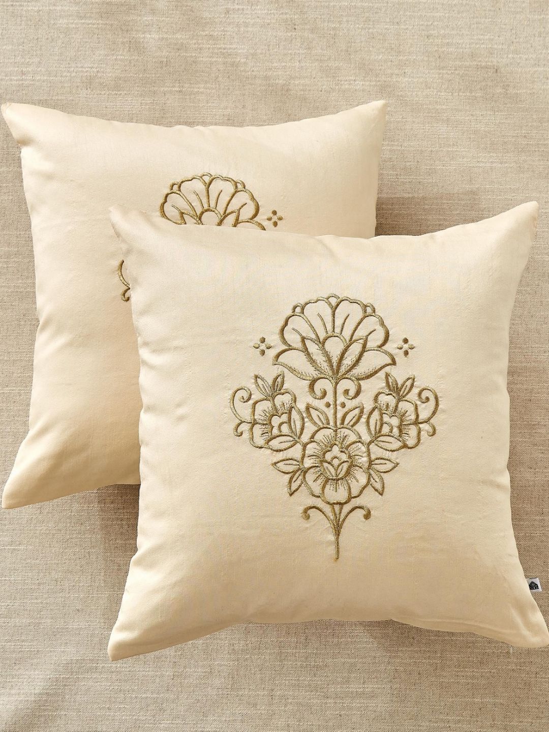 Home Centre Velin Beige & Gold Toned 2 Pieces Embroidered Square Cushion Covers-picture-24