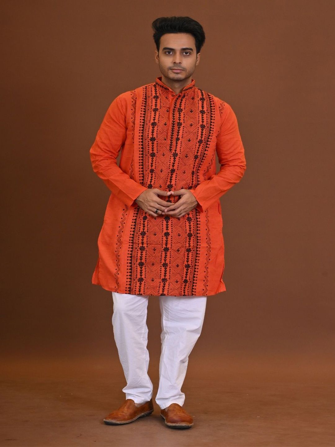 RAM SHYAM collection Men Mandarin Collar Kantha Work Kurta-image-8