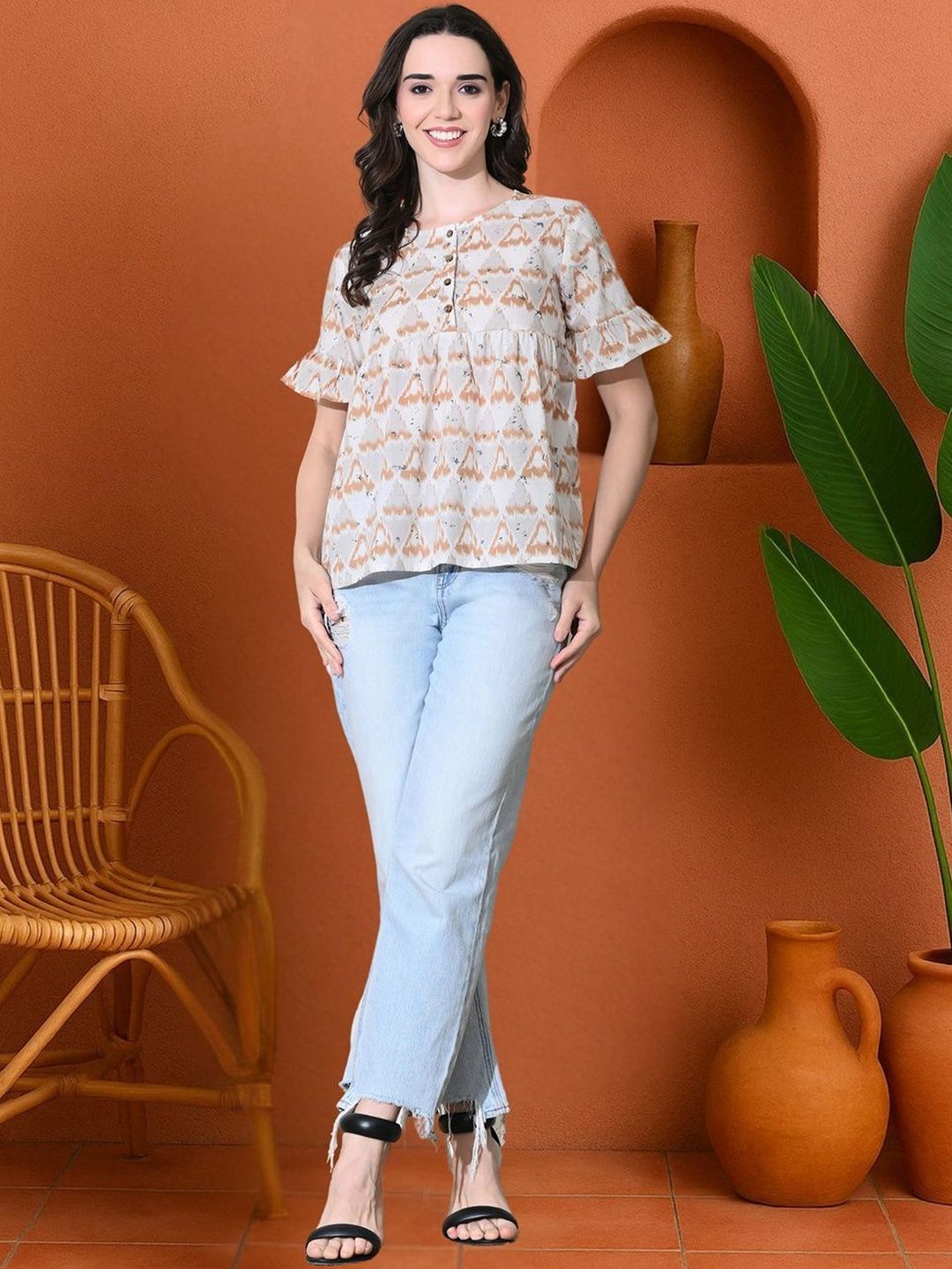 KALINI Geometric Print Bell Sleeve Cotton Empire Top-picture-10