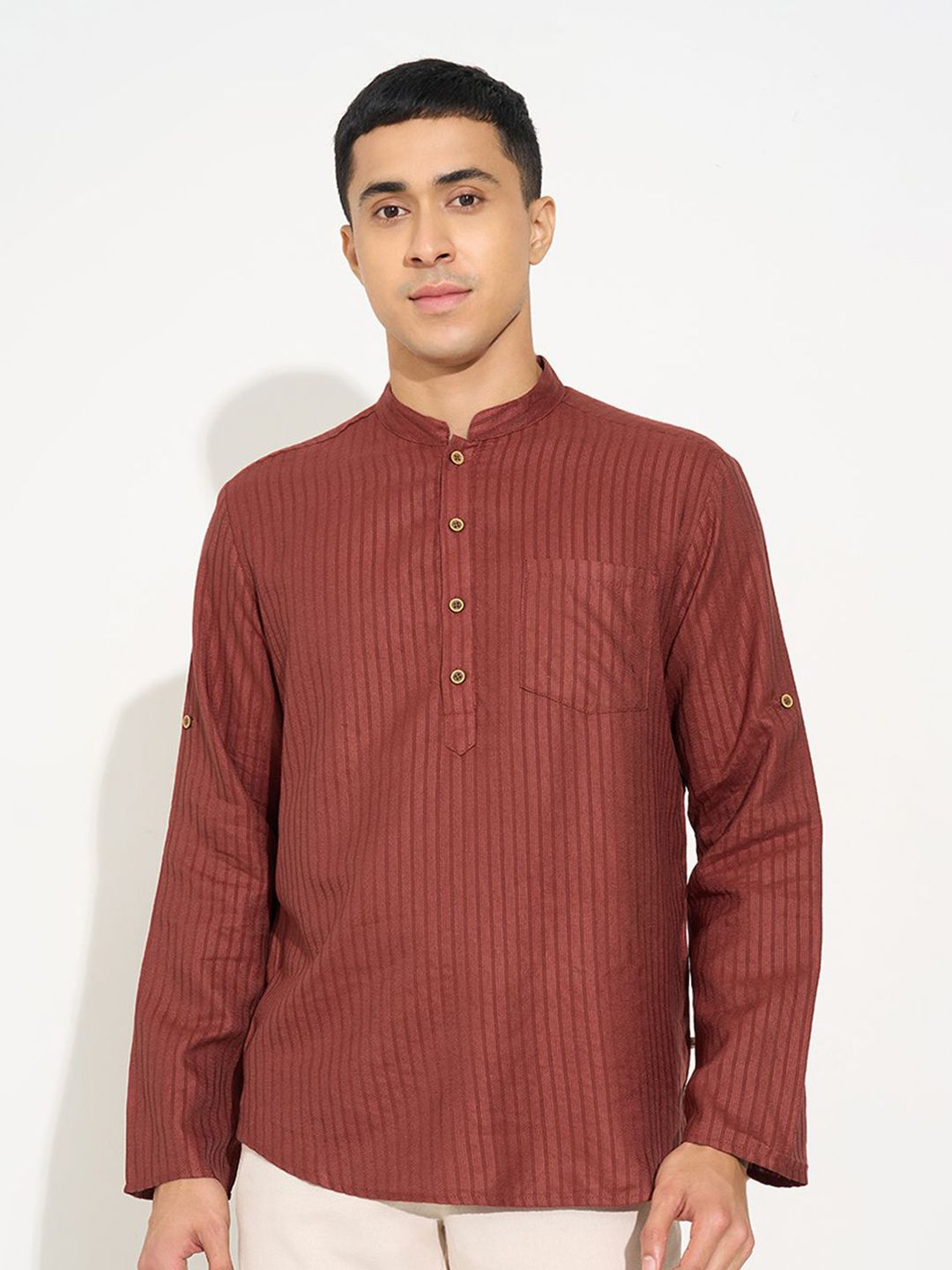 indus route by Pantaloons Striped Dobby Long Sleeves Pure Cotton Straight Kurta-picture-14