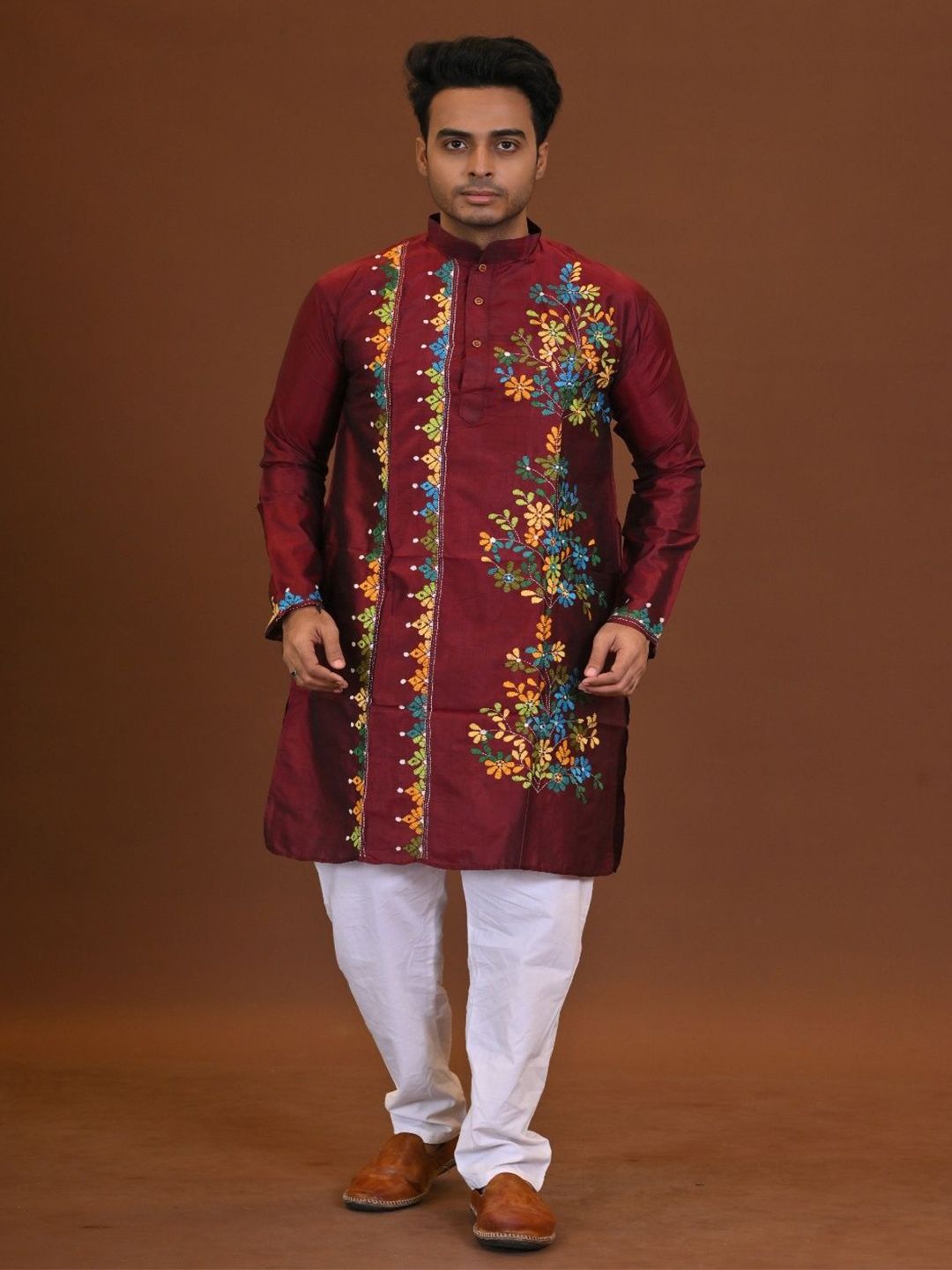 RAM SHYAM collection Men Woven Design Kantha Work Kurta-image-9