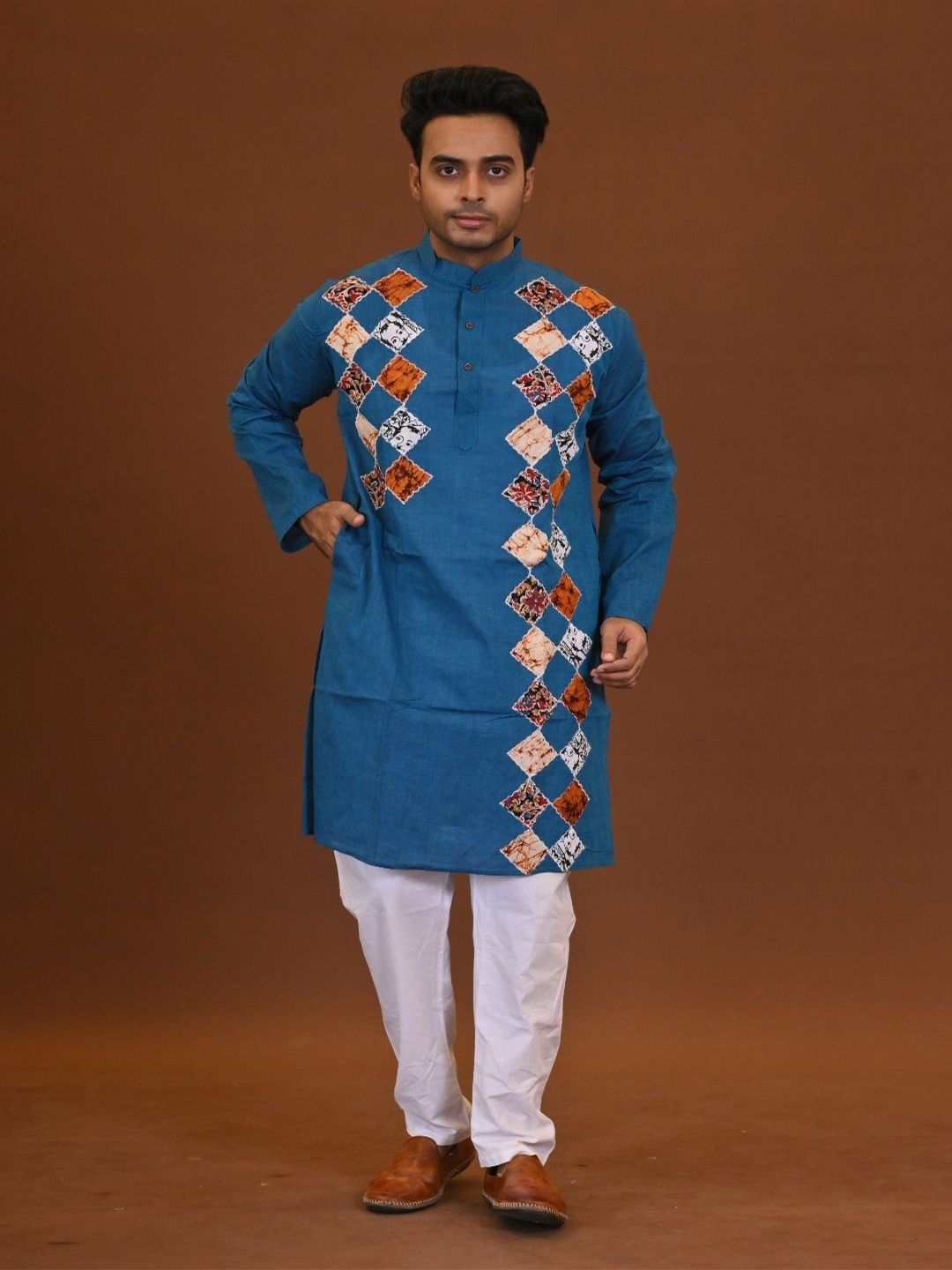 RAM SHYAM collection Men Woven Design Kantha Work Cotton Kurta-image-10