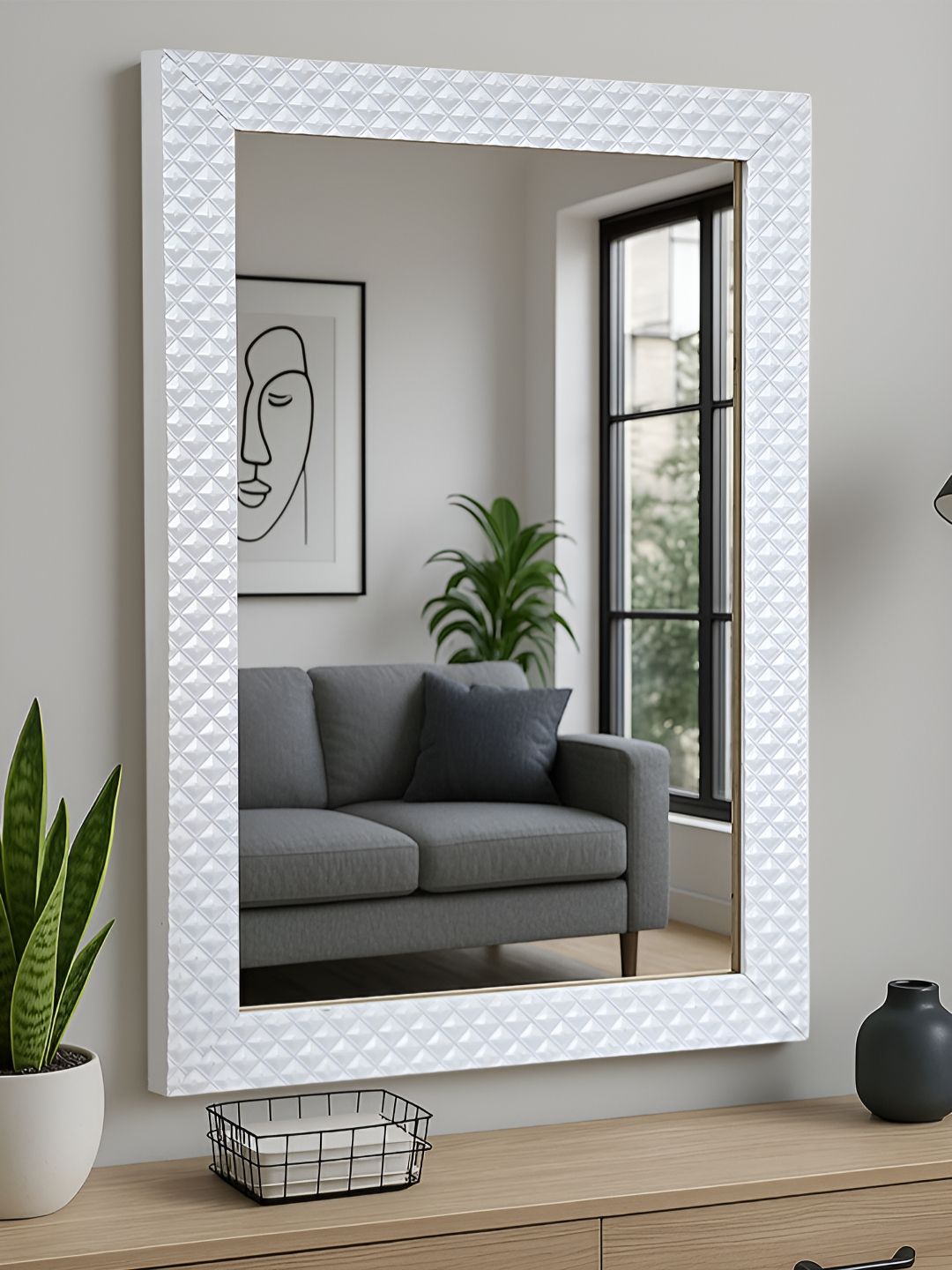 Art Street White Textured Wall Mount Decorative Wall Mirror With Frame-picture-33
