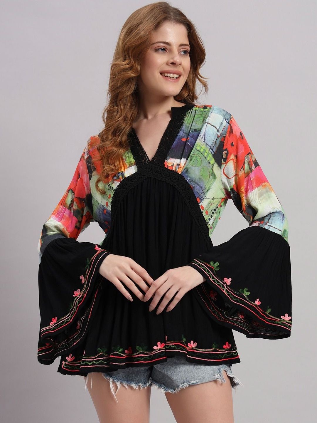 VELDRESS Women Colourblocked Bell Sleeve Empire Top-picture-18