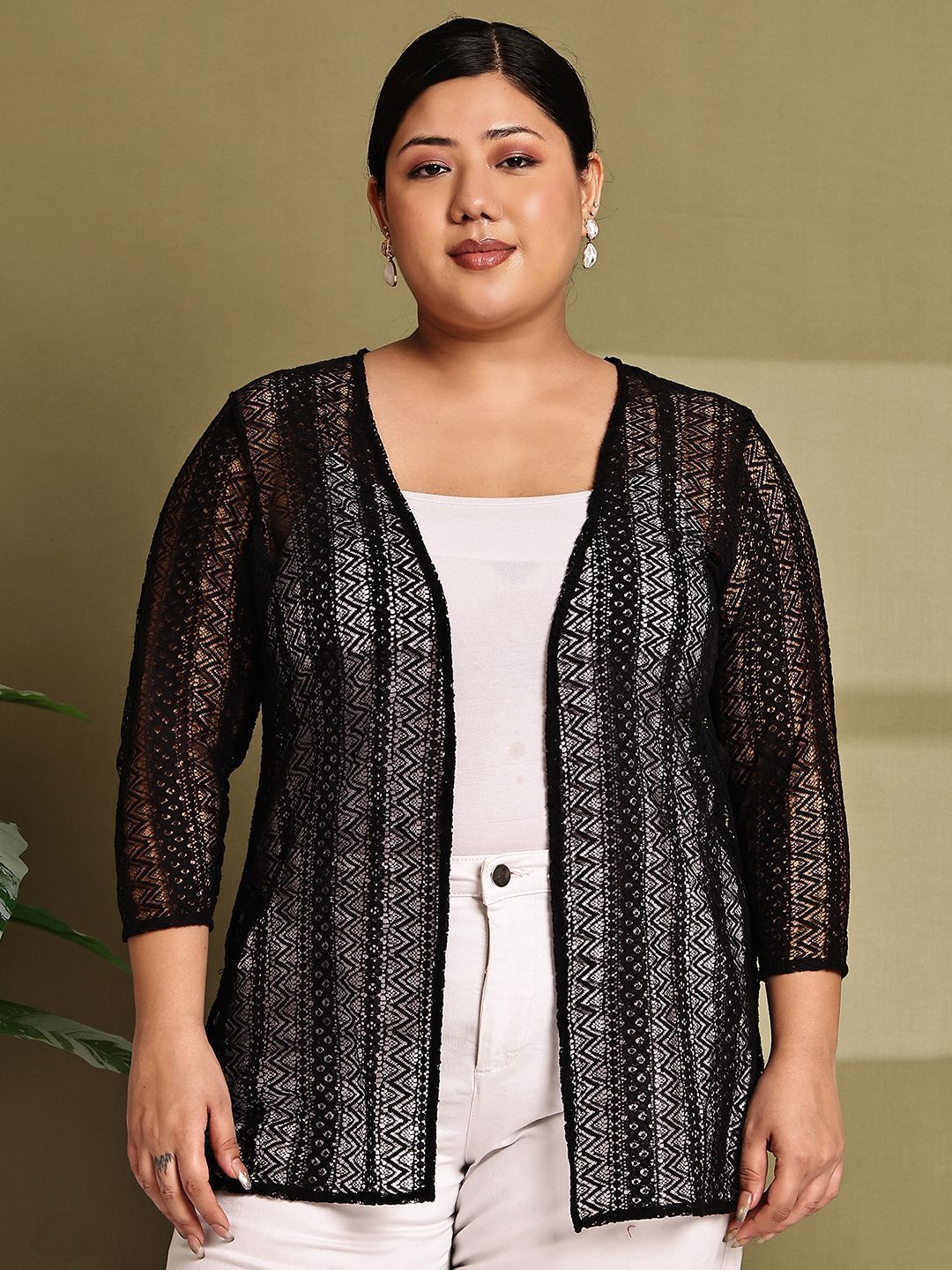 Moonaa Fashion Self Design V-Neck Open Front Shrug-image-25