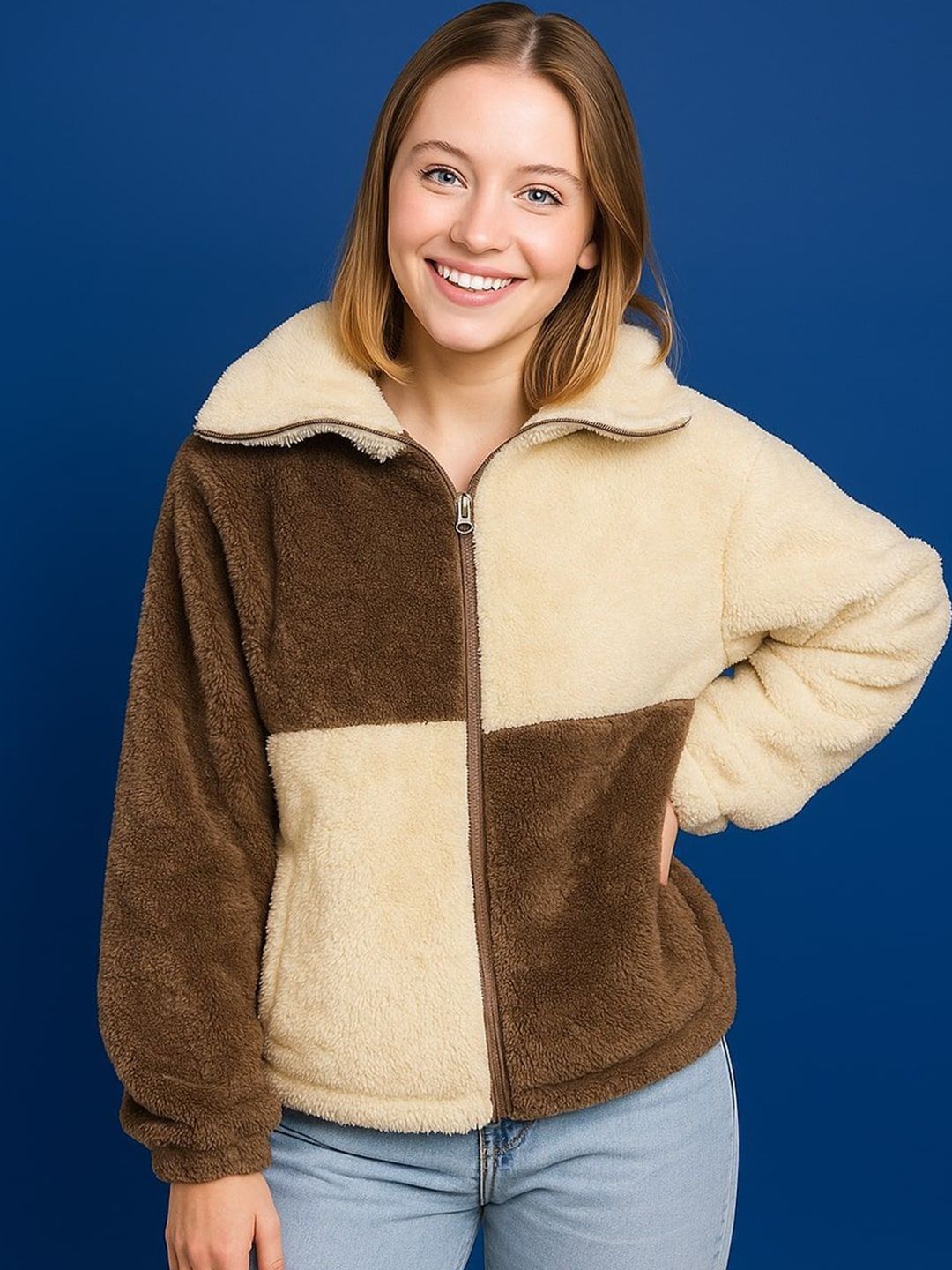 The Dry State Women Mock Collar Self Design Sherpa Jacket-picture-24