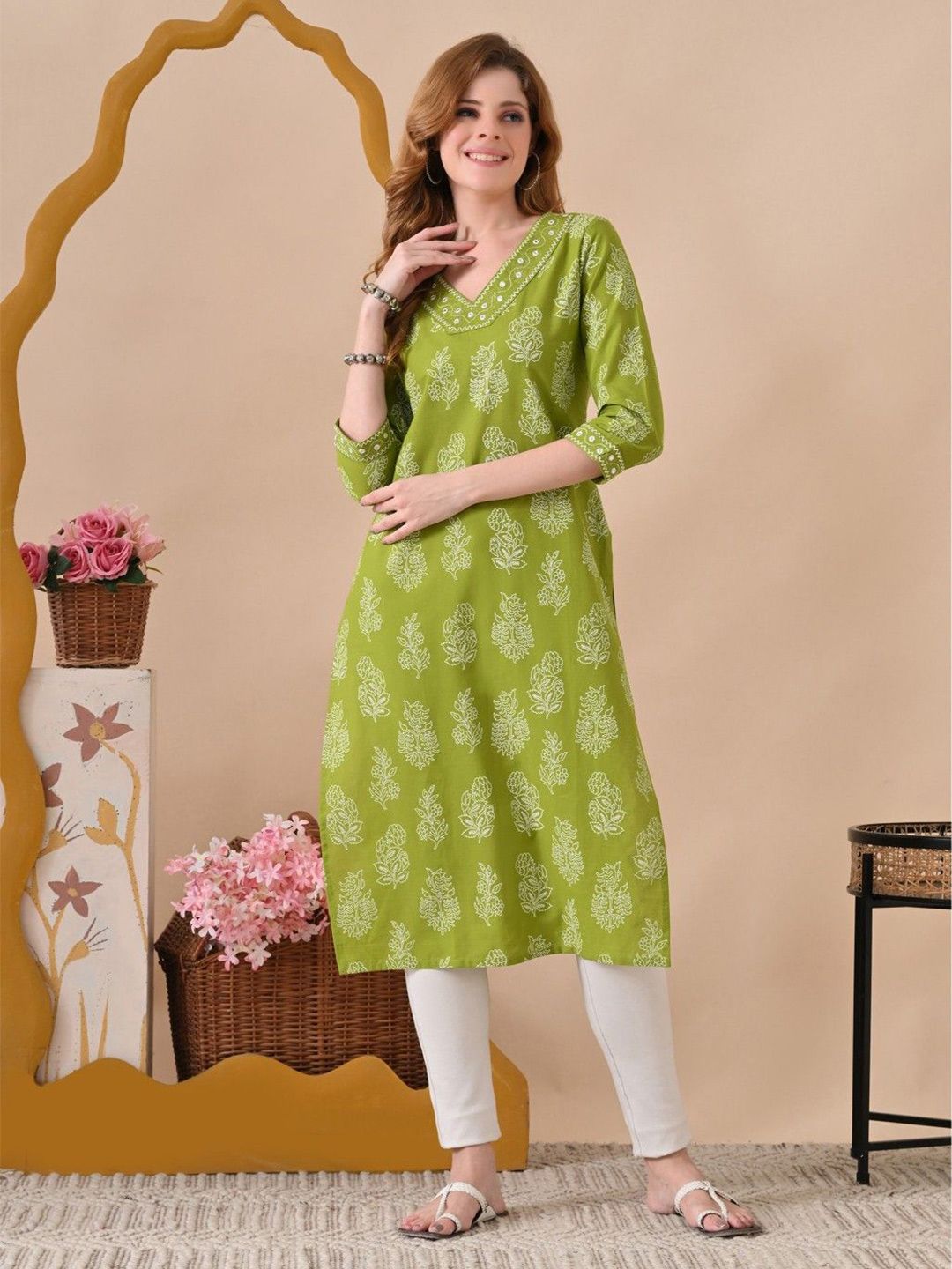 BKApparels Women Floral Printed Screen Print Festive Cotton Straight Kurta-picture-21