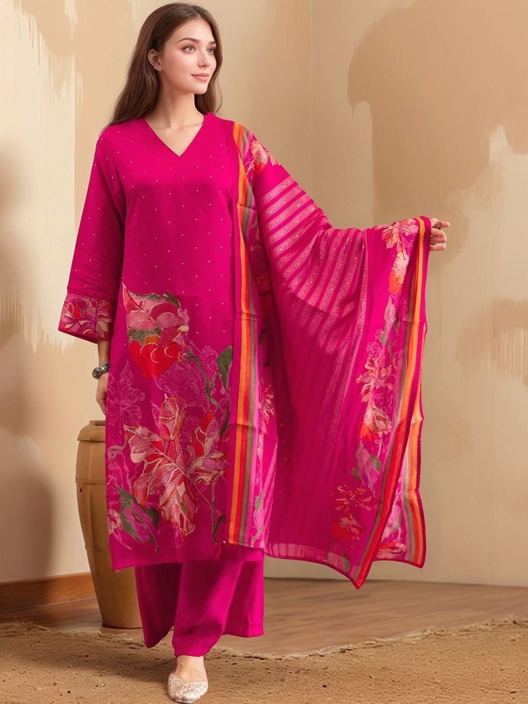 SZN Floral Printed V-neck Straight Kurta with Palazzos & With Dupatta-picture-33