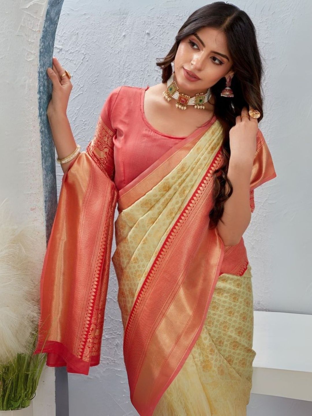 PEACH PIPER Woven Design Silk Blend Heavy Work Banarasi Saree-picture-11
