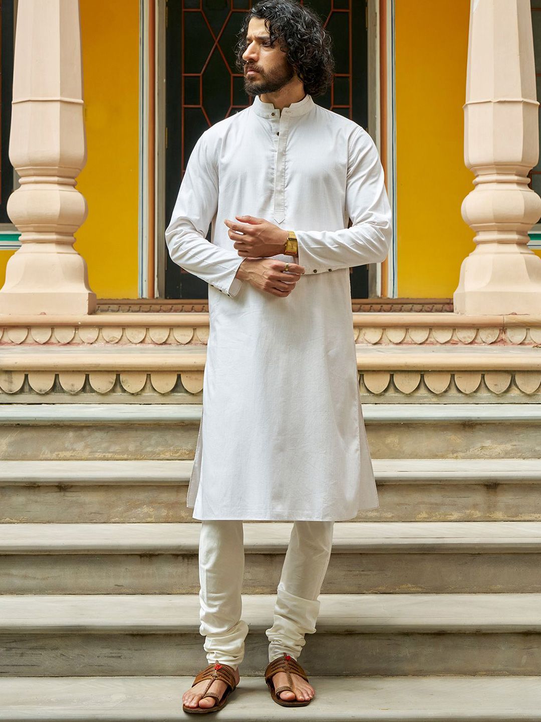 Andamen Men Band Collar Long Sleeves Straight Kurta-picture-19