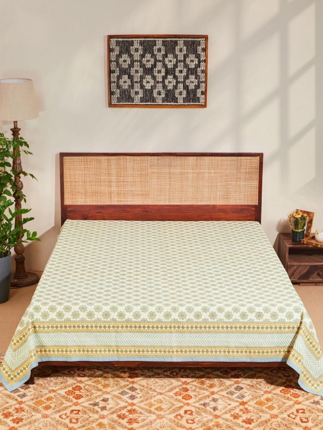 Fabindia Teal Green & White Printed Cotton Bed Covers-picture-12
