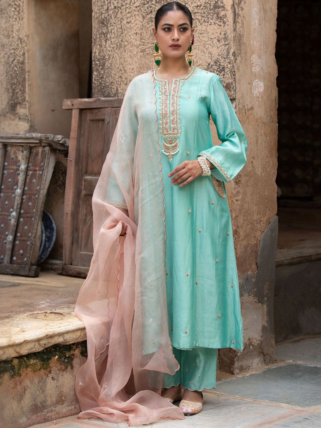 AMOREE Women Solid Embroidered Round Neck Straight Kurta Set-picture-12