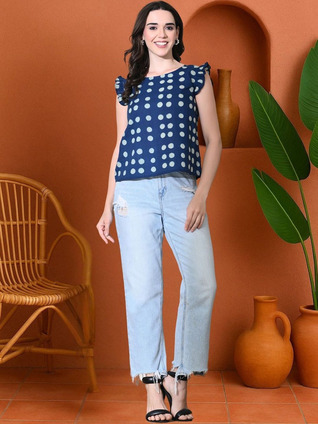 KALINI Polka Dot Print Flutter Sleeve Cotton Top-picture-36