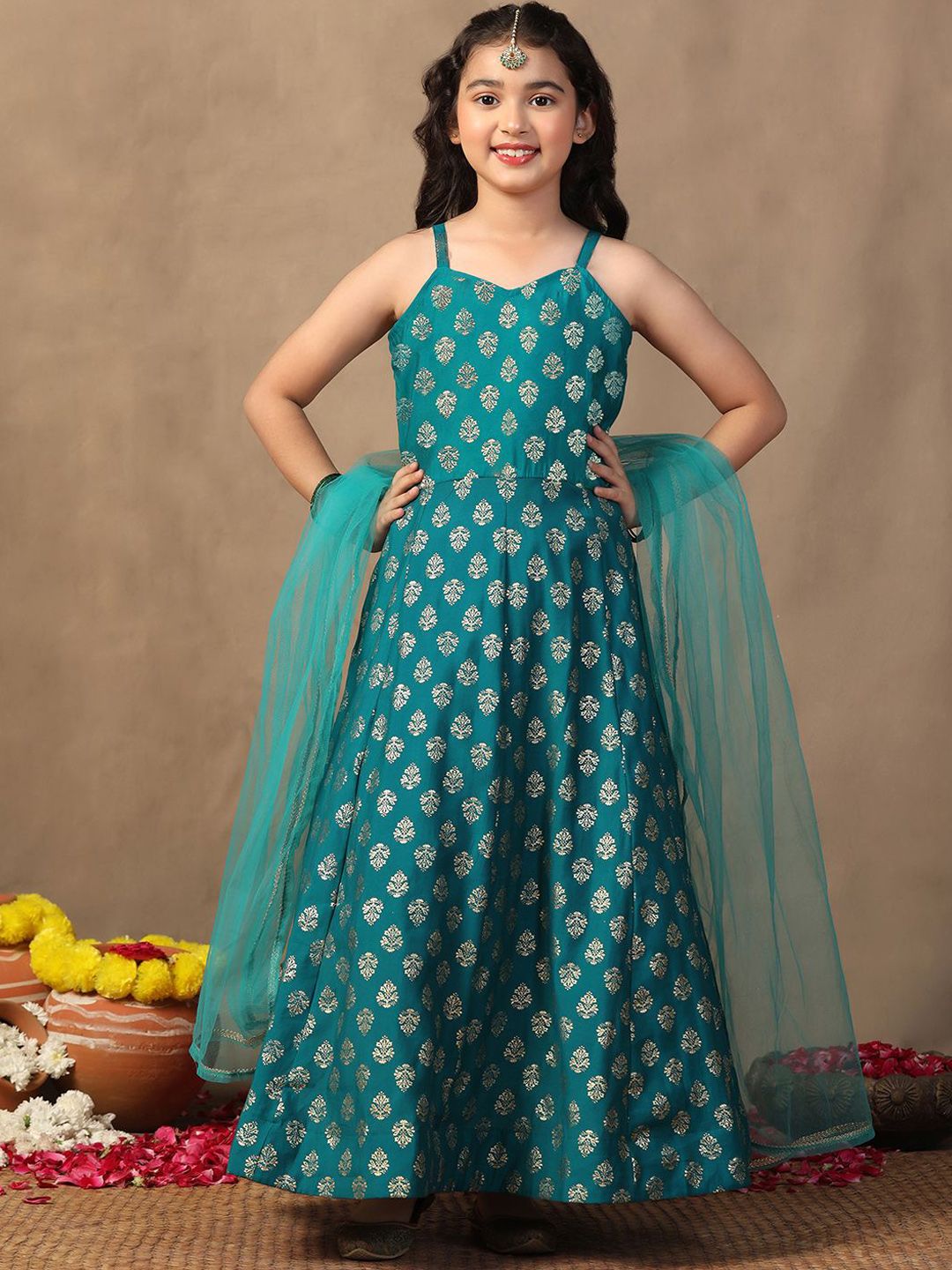 FASHION DREAM Girls Foil Printed Fit & Flared Maxi Ethnic Dress & Dupatta-picture-37