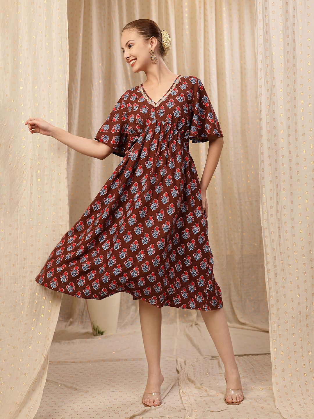 House Of Zelena Floral Print Kimono Sleeve A-Line Dress-picture-30