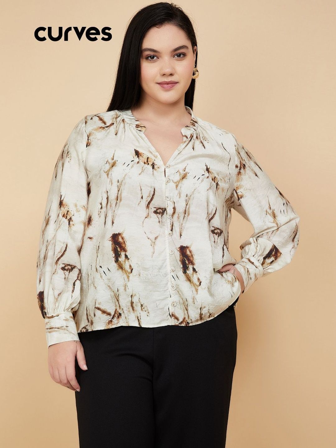 max Printed Mandarin Collar Cuffed Sleeves Shirt Style Top-picture-28