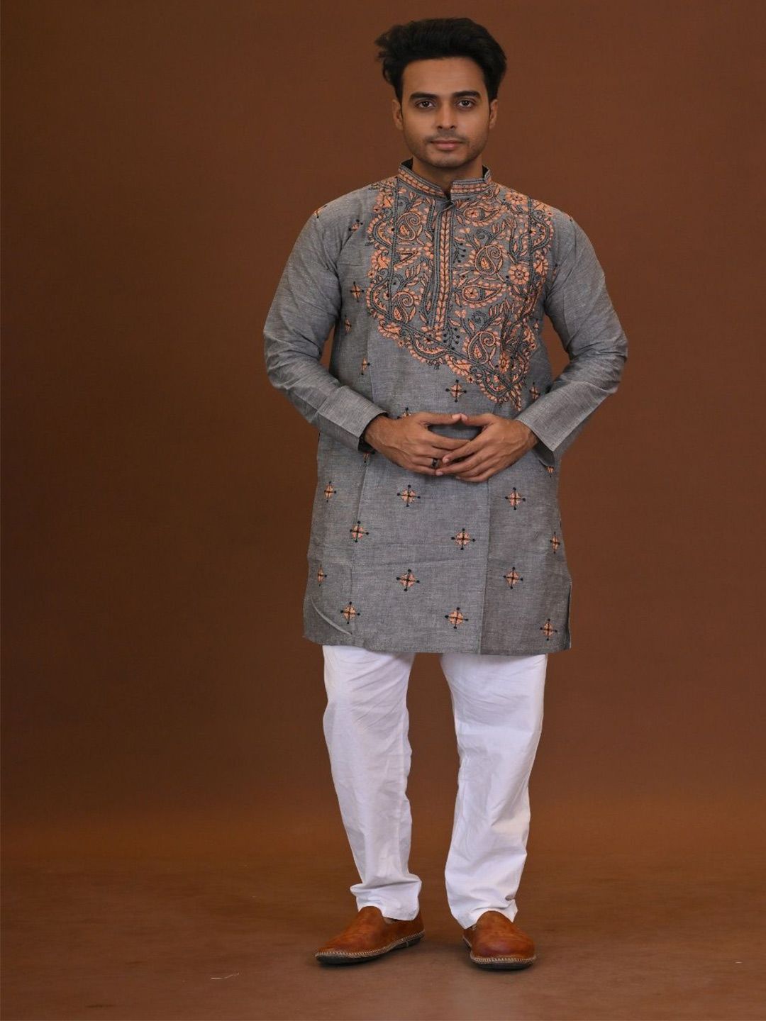 RAM SHYAM collection Men Woven Design Kantha Work Straight Kurta-image-11