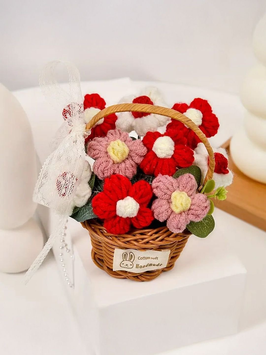 Ekhasa Red Cherry Blossom Crochet Flowers Basket-image-2