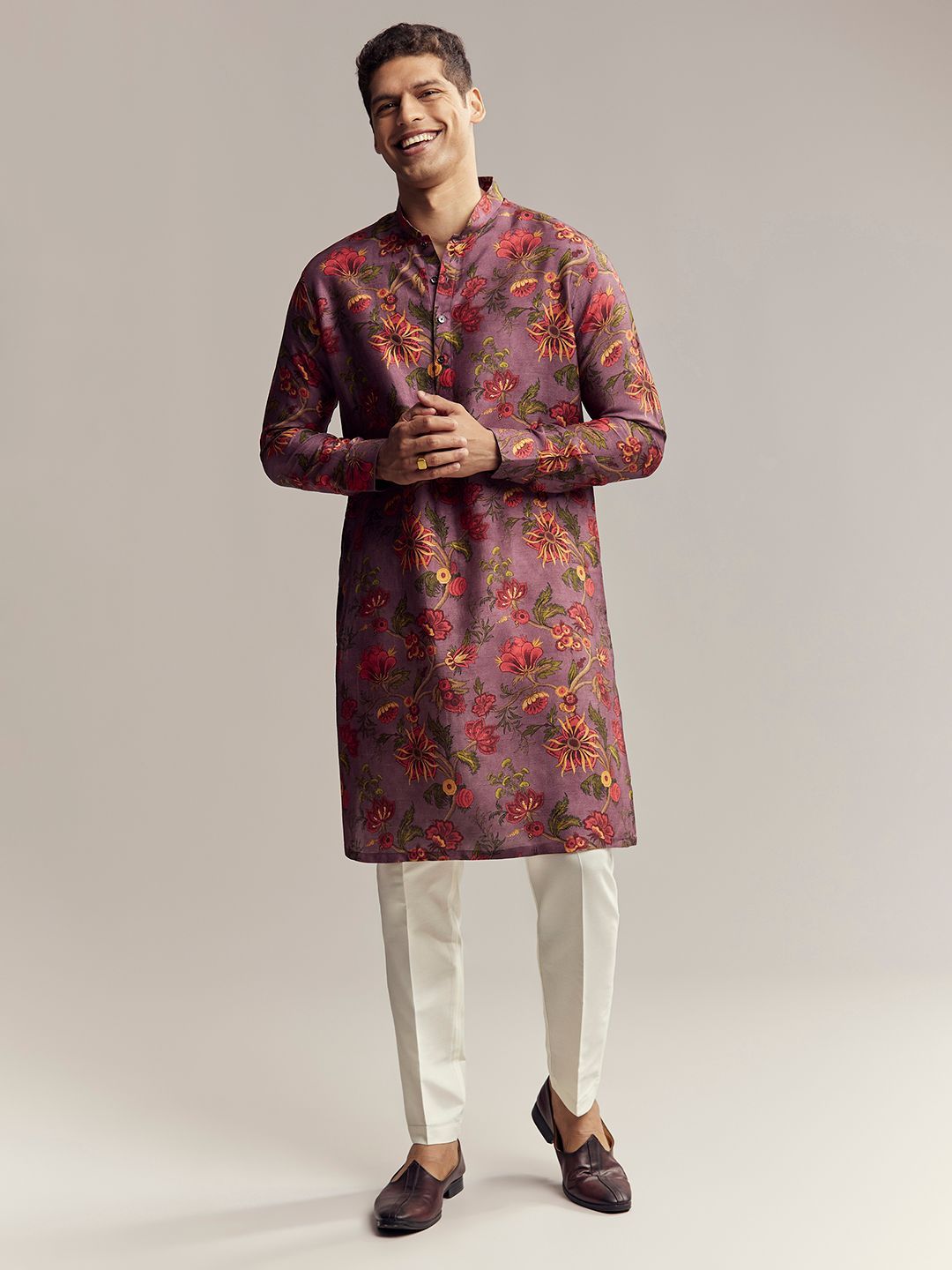 KALKI Fashion Men Floral Printed Band Collar Silk Straight Kurta-picture-49