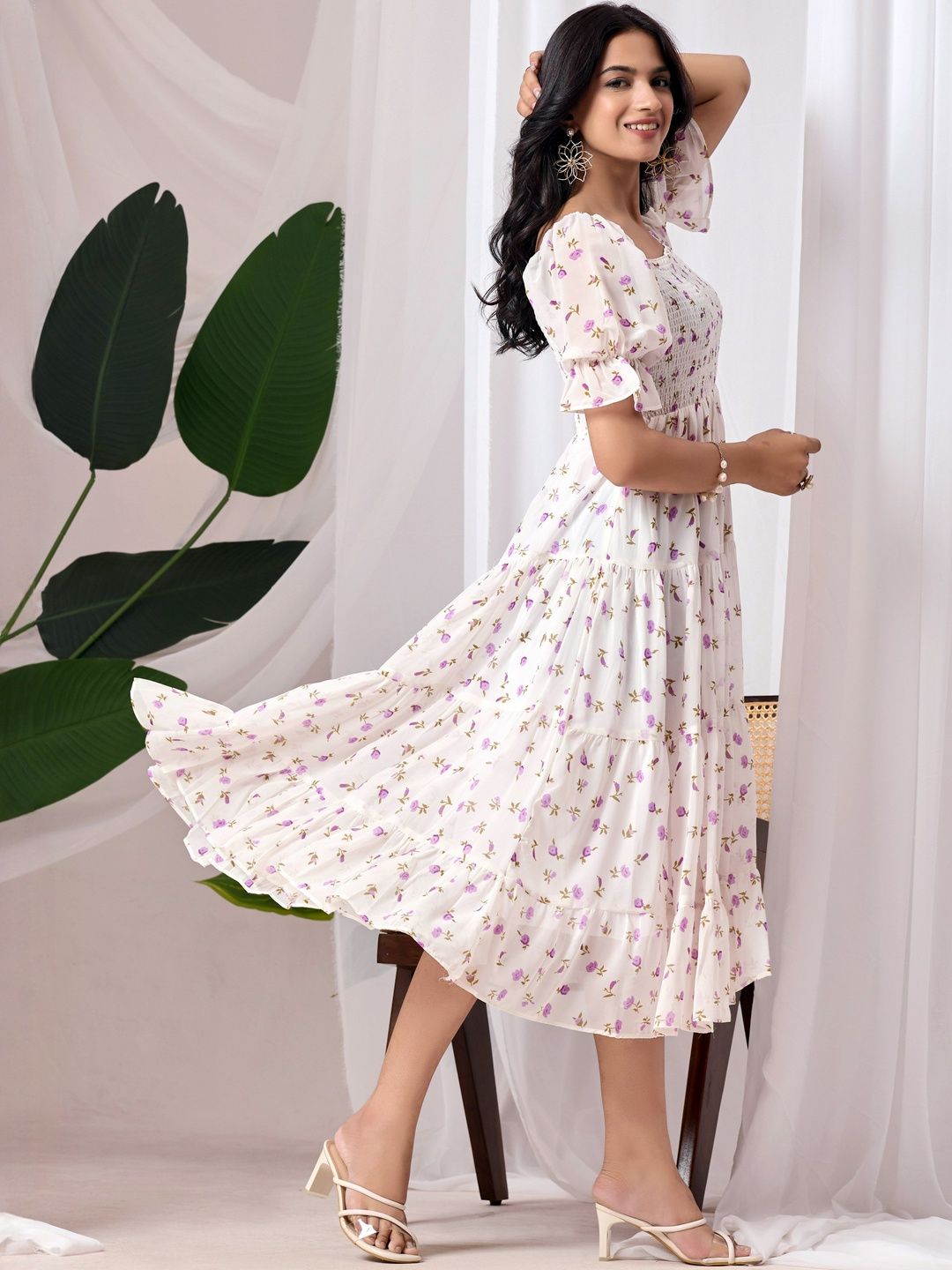 Ironic Creation Women Floral Printed Smocked Georgette Fit and Flare Midi Dress-picture-12