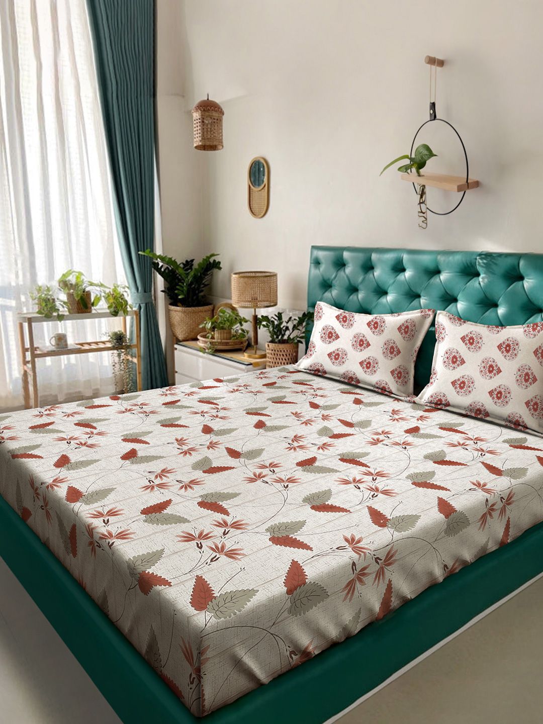 KLOTTHE Beige & Brown Floral Pure Cotton 400 TC Double King Fitted Bedsheet Set-2.5mX2.25m-picture-26