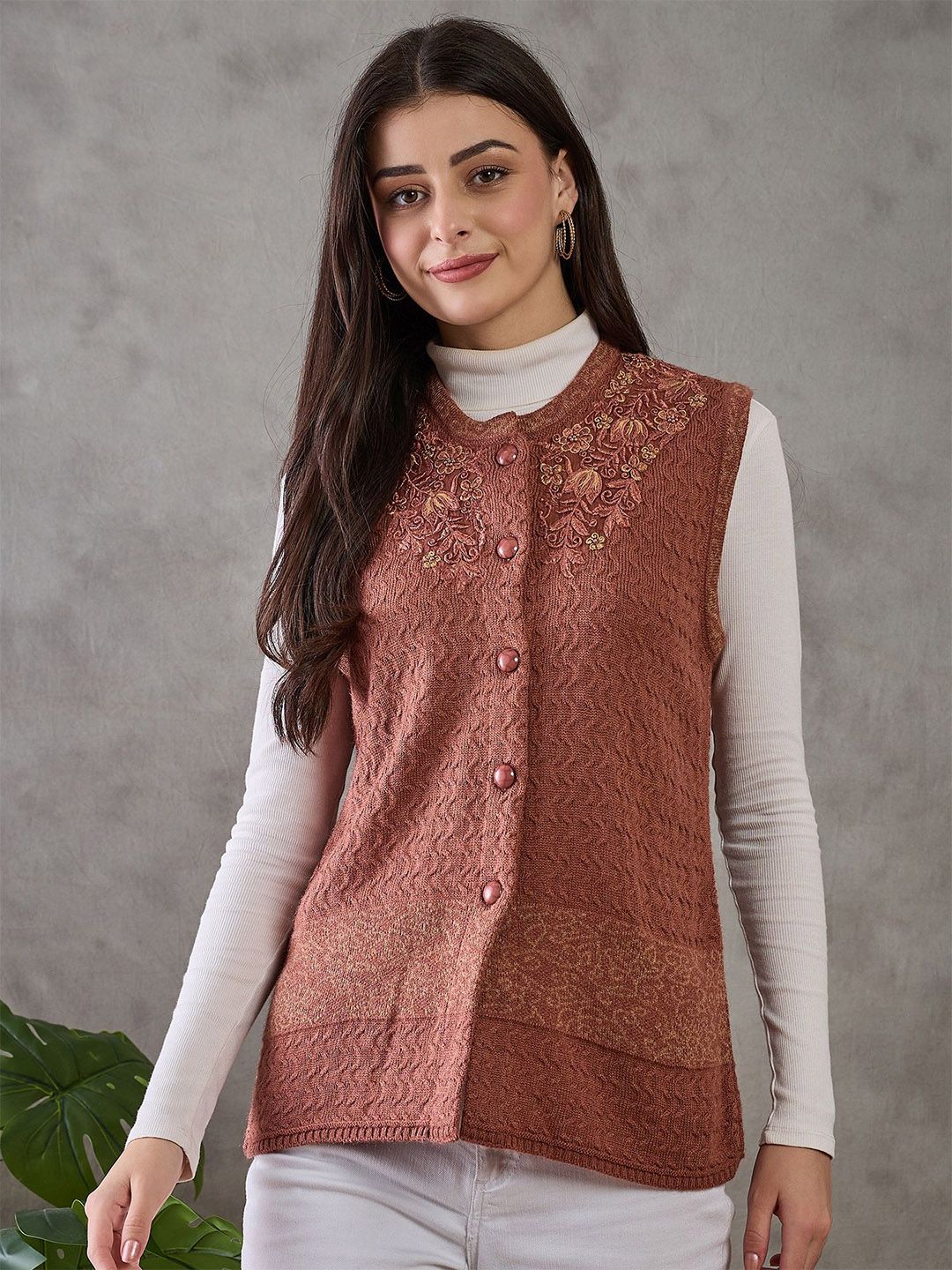 CLAPTON Women Floral Woollen Sweater Vest with Embroidered Detail-picture-31