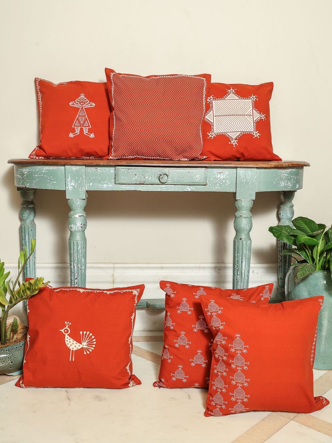 Sangria Rust Set of 6 Cotton Ethnic Motifs Square Cushion Covers-image-45