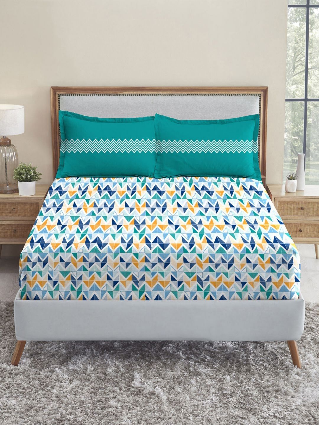 MYTRIDENT Urban Comfort Blue Printed Pure Cotton 144 TC Double Bedsheet Set 2.54 x 2.28 m