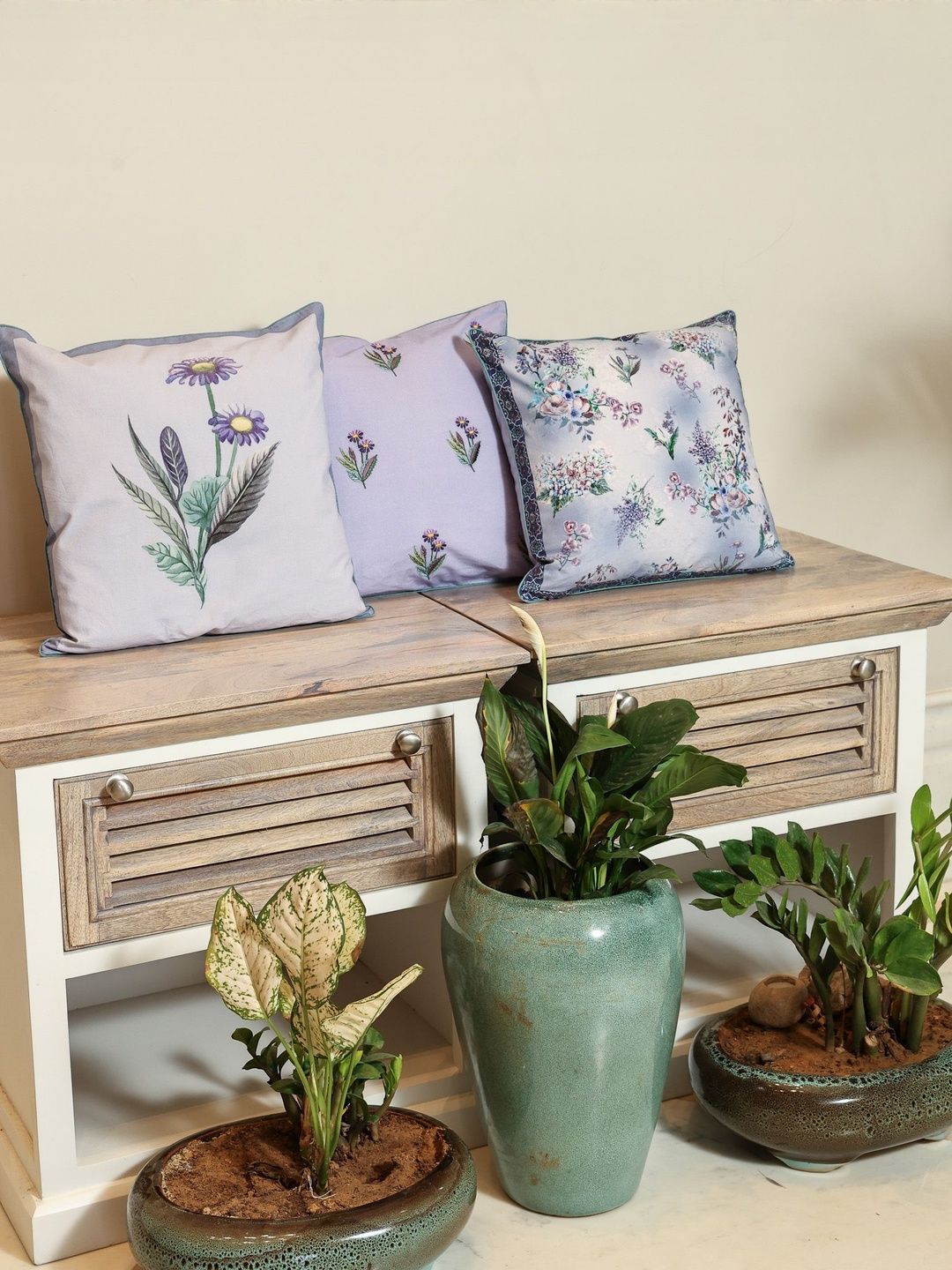 Sangria White Set of 3 Floral Cotton Square Cushion Covers-image-7
