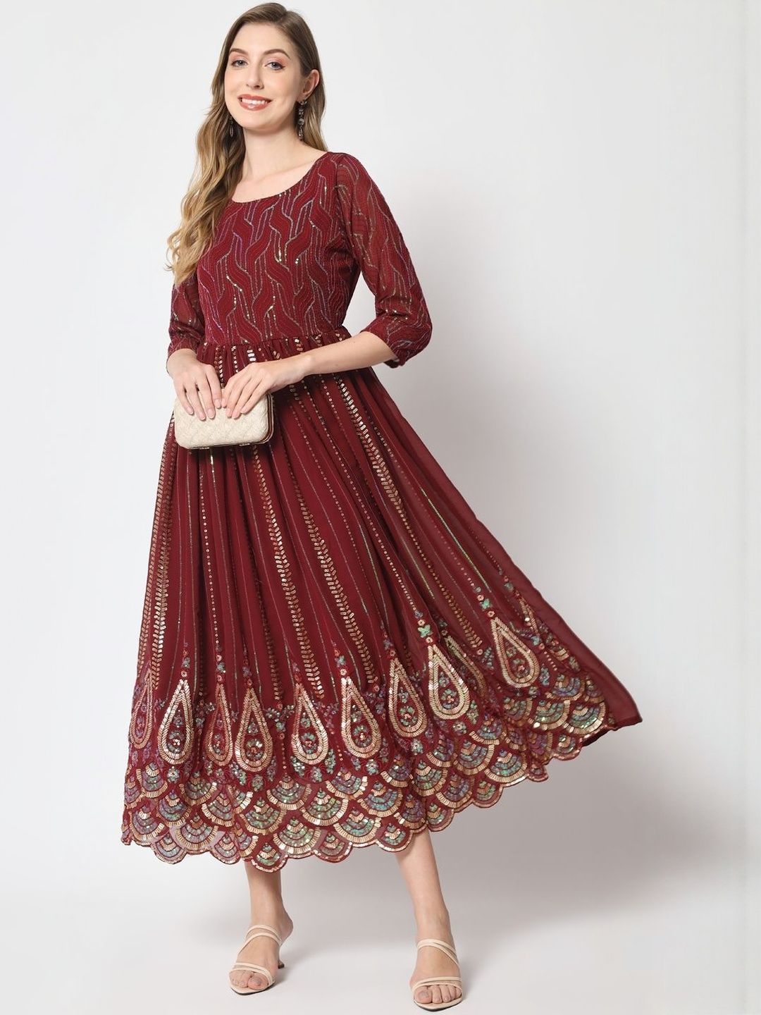 KALINI Women Maroon Georgette Fit and Flare Dresses-picture-24