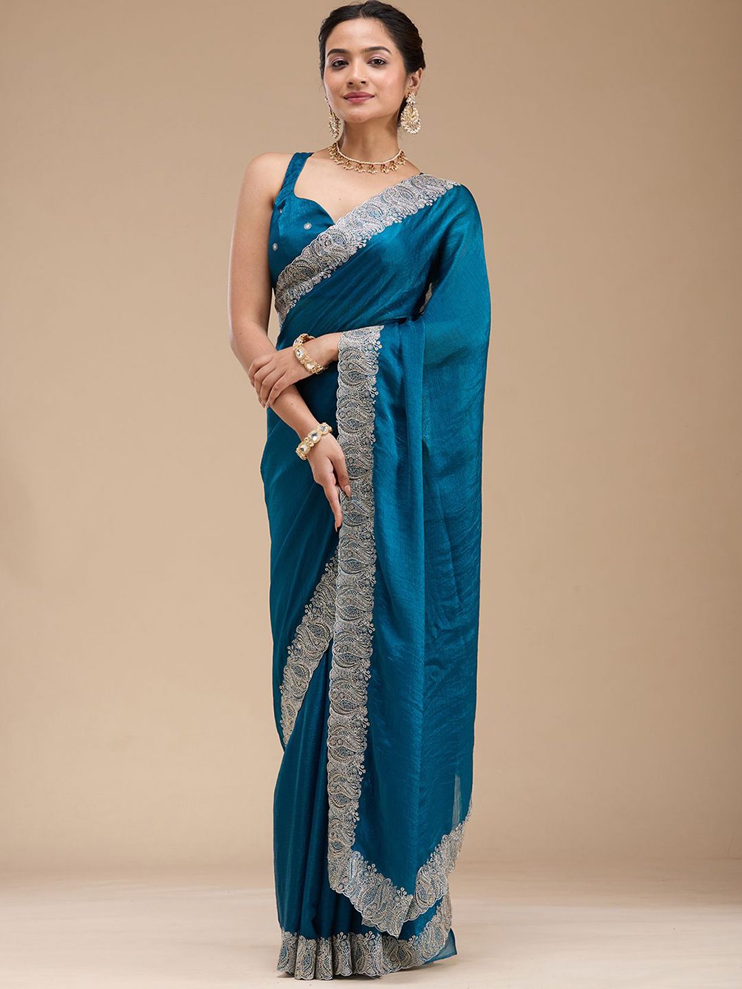 Koskii Women Zariwork Peacock Blue Chiffon Saree With Unstitched Blouse-picture-47