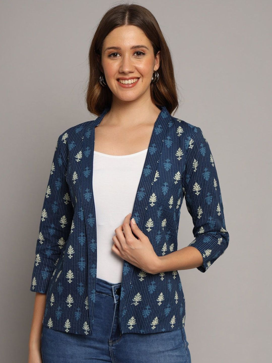 Sangria Women Indigo Blue Ethnic Motif Cotton Printed Casual Shrug-image-26