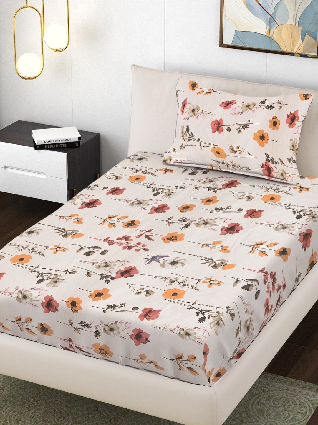 Myntra Elegant Homes Beige Floral 300 TC Single Bed Bedsheet with 1 Pillow Covers-picture-26