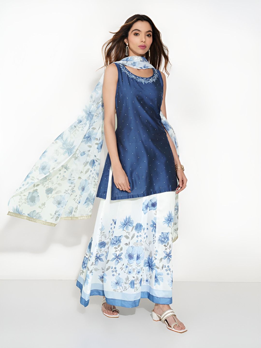 RANGMANCH BY PANTALOONS Floral Embroidered Round Neck Kurta With Palazzos & Dupatta-picture-15