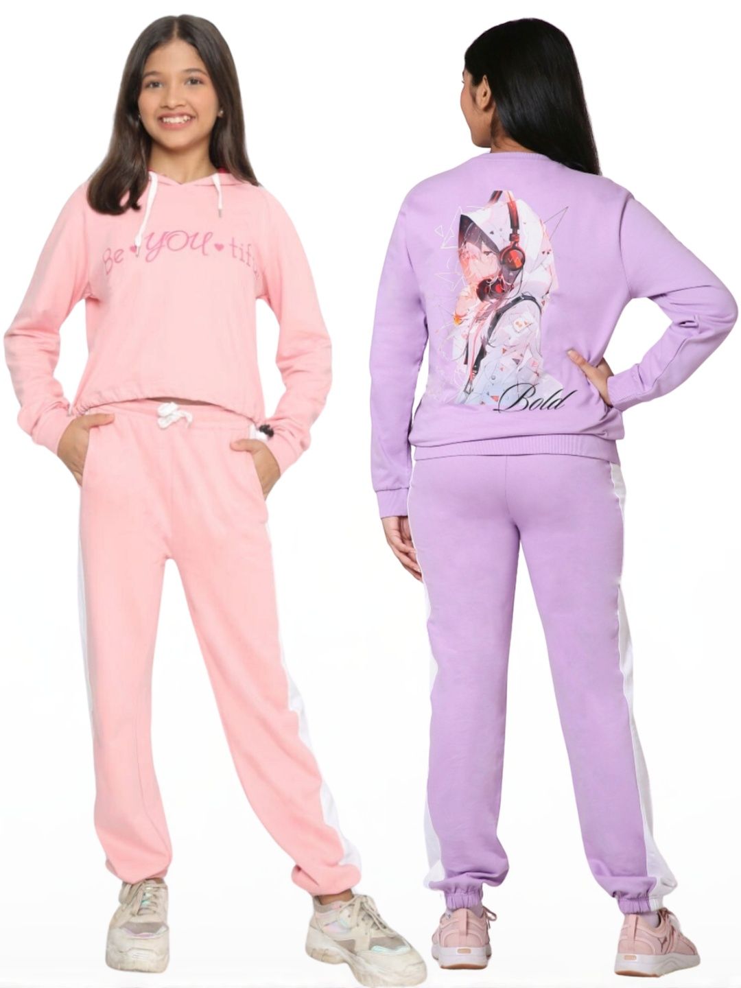 TotzTouch Girls Pack Of 2 Pink & Purple Printed Hooded Sweatshirt and Joggers Clothing Set-picture-25