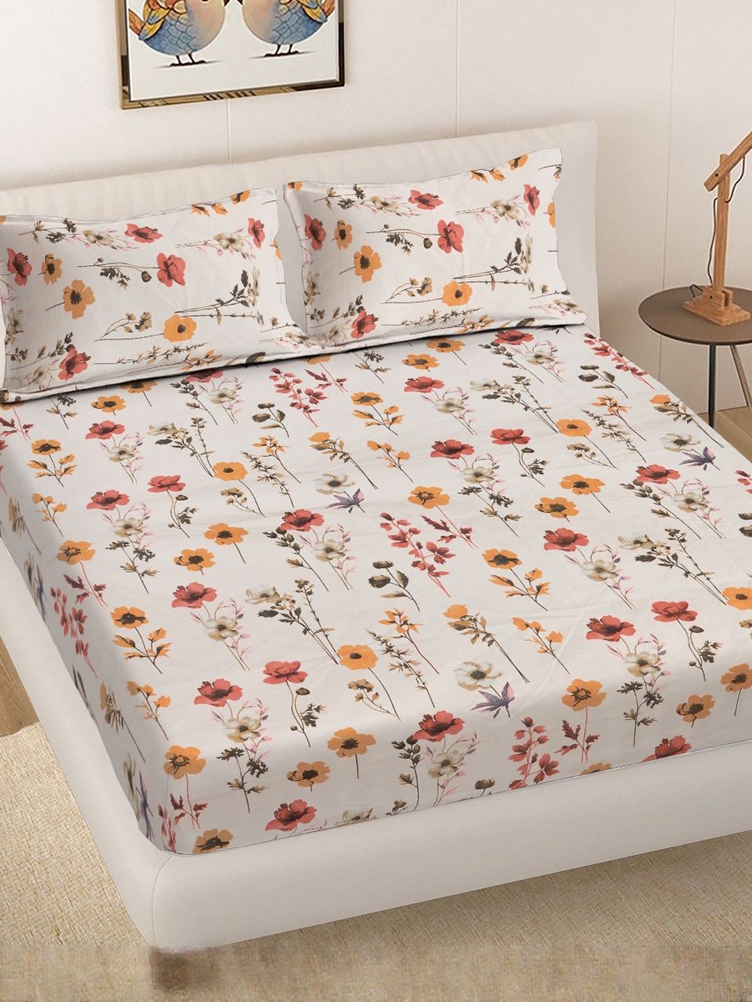 Myntra Elegant Homes Beige Floral 300 TC King Bedsheet with 2 Pillow Covers-picture-31