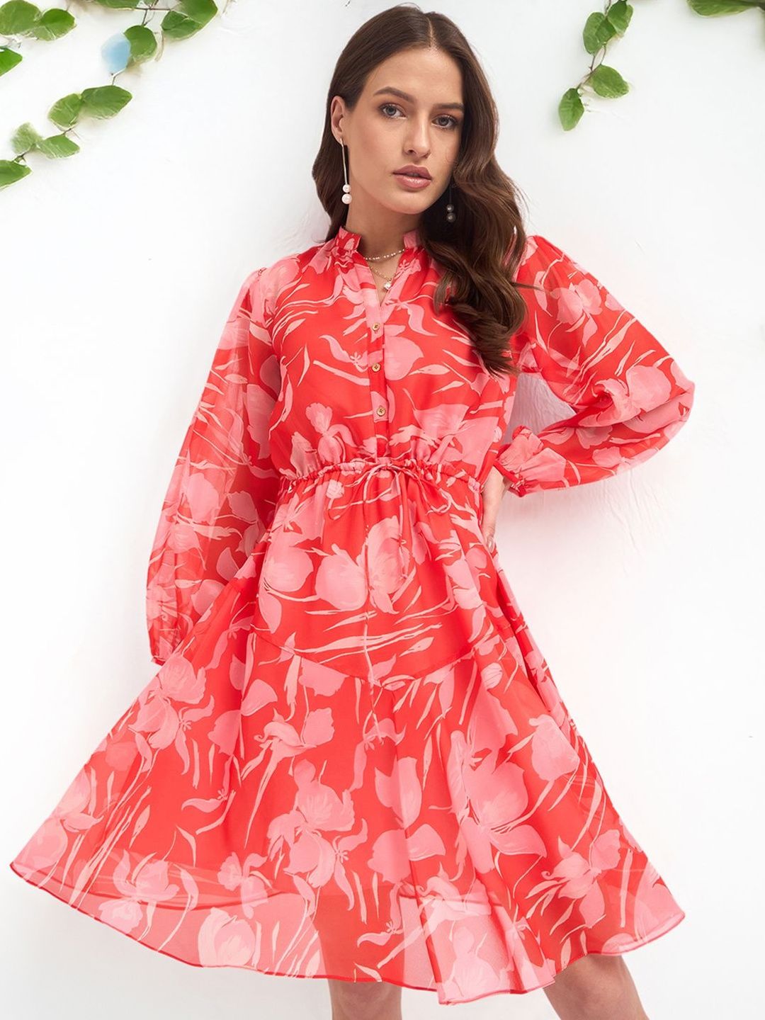 DressBerry Women Floral Print Puff Sleeve Georgette A-Line Dress-picture-19