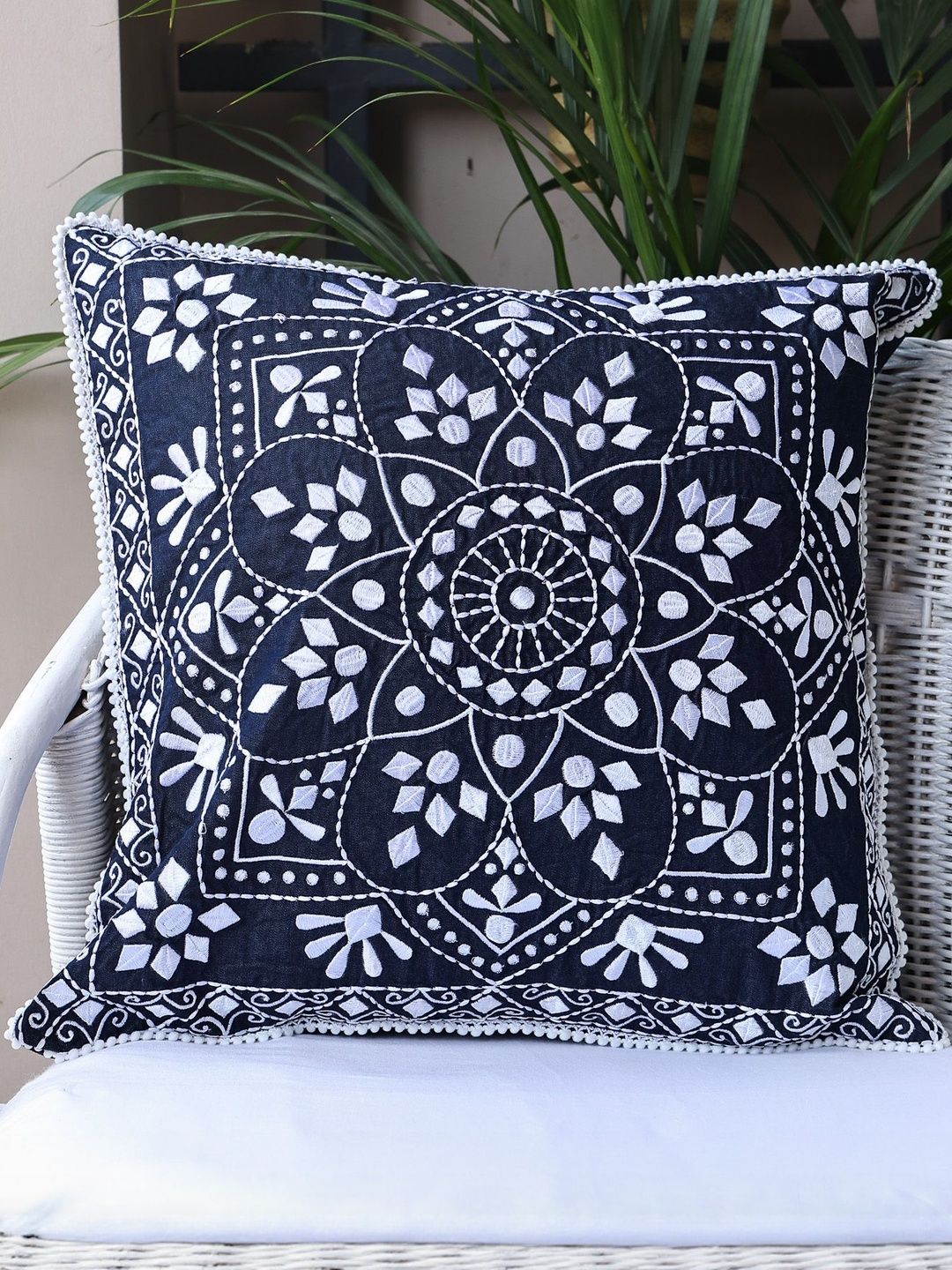Crown of Poppies Cotton Blue & White Abstract Square Cushion Covers-picture-57