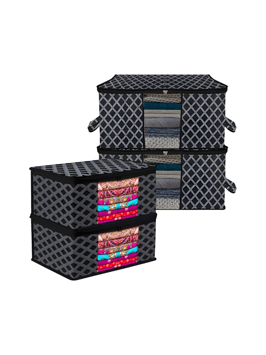 Aura Black & White 4 Pieces Printed Saree & Storage Bags Organisers-image-12