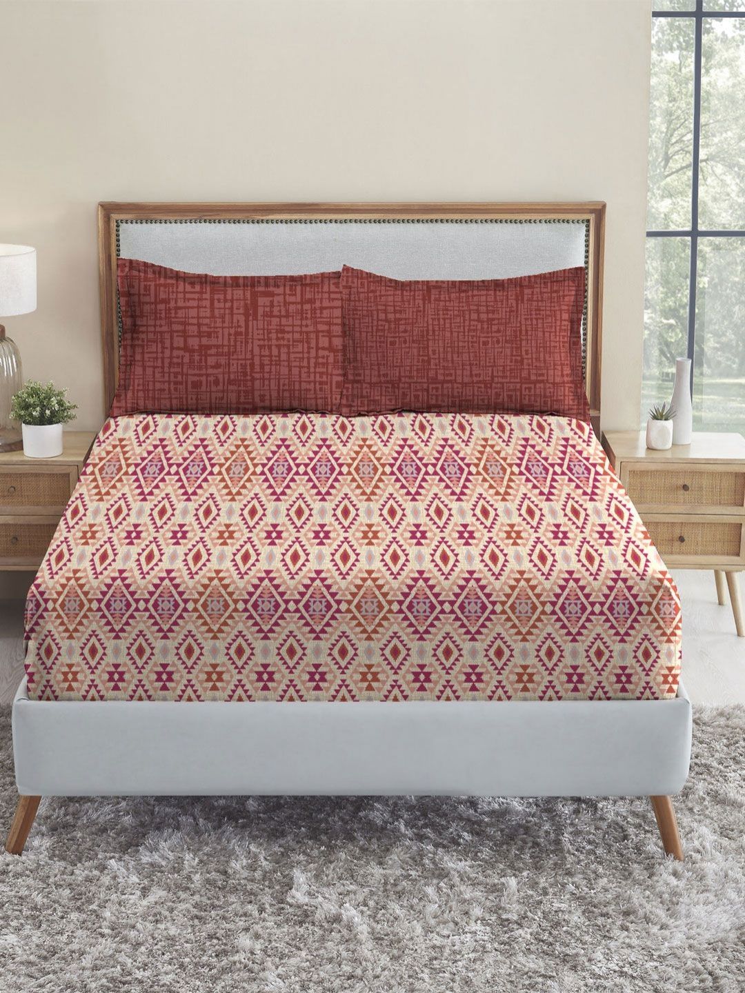 MYTRIDENT Urban Comfort Red Printed Pure Cotton 144 TC Double Bedsheet Set 2.54 x 2.28 m-picture-20