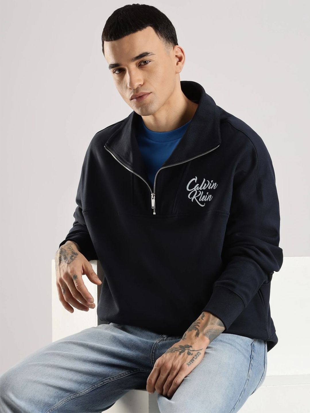 Calvin Klein Jeans Men Brand Logo Printed Mock Collar Front-Open Sweatshirt-picture-10