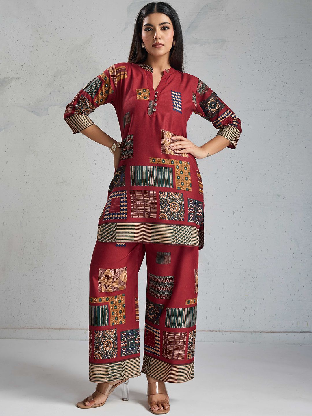 Divyadham Textiles Printed Mandarin Collar Top With Palazzos Co-Ords-picture-39