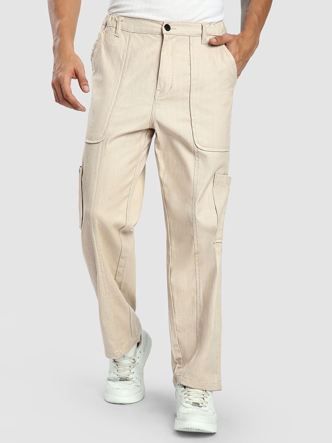 Beyoung Men Beige Side Elasticated Cargo Pants-picture-30