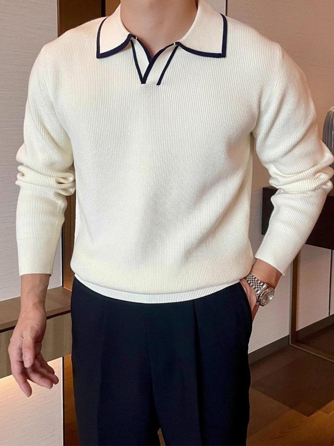 StyleCast Men Ribbed Shirt Collar Pullover