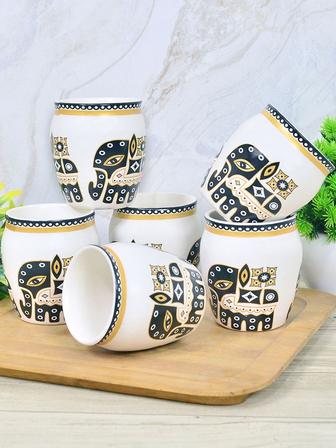 Myntra Elegant Homes Set Of 6 White & Brown Elephant Printed Glossy Ceramic Cups-image-11