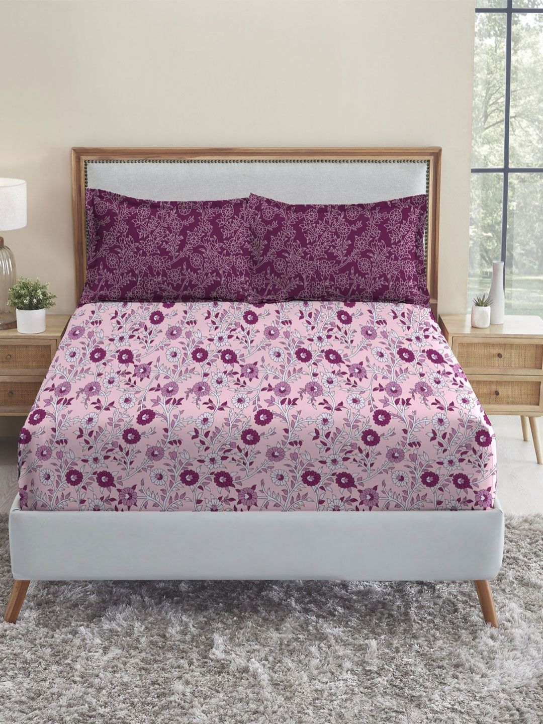 MYTRIDENT Urban Comfort Pink Printed Pure Cotton 144 TC Double Bedsheet Set 2.54 x 2.28 m-image-29