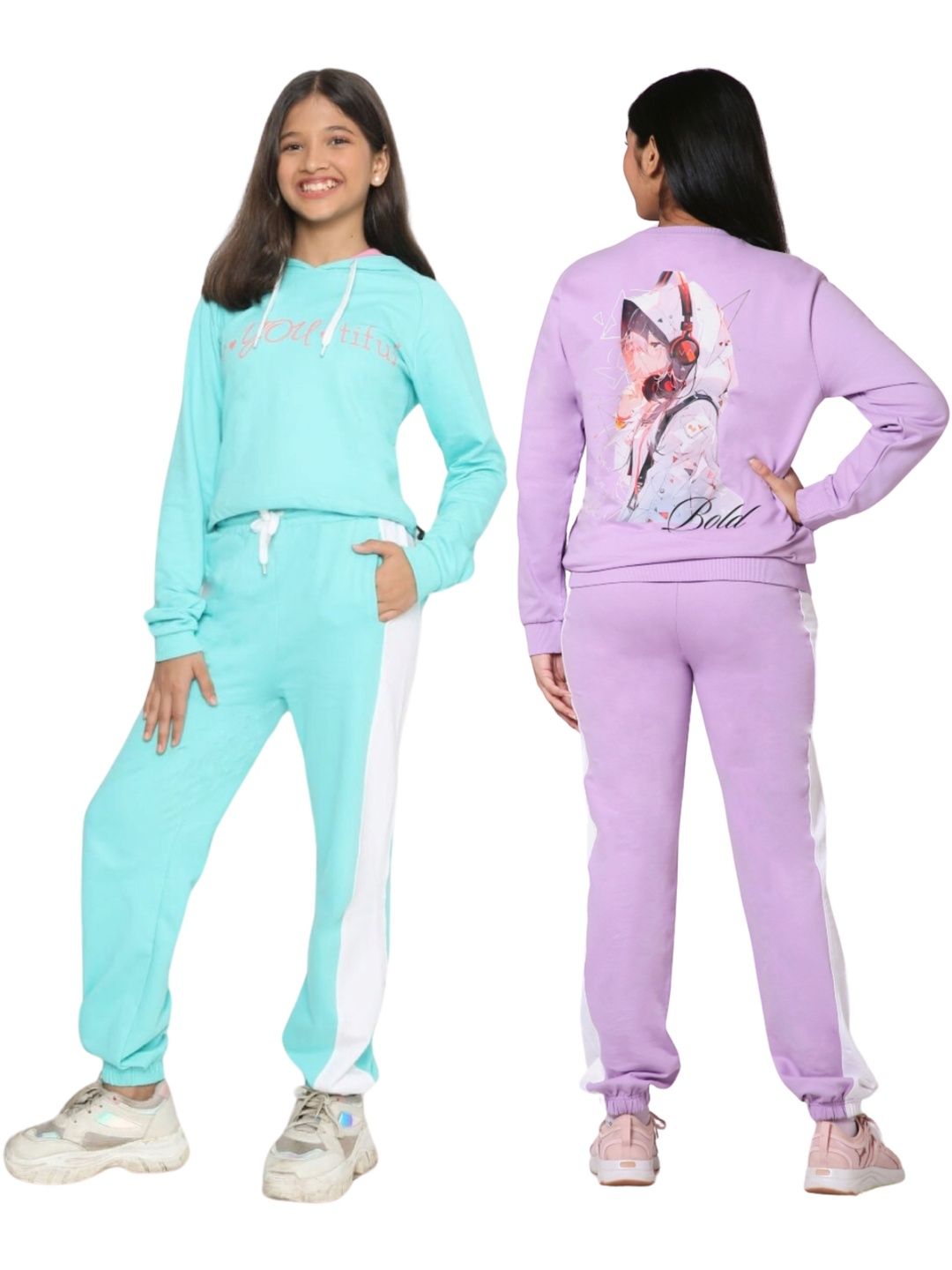 TotzTouch Girls Pack Of 2 Blue & Purple Printed Hooded Sweatshirt and Joggers Clothing Set-picture-10